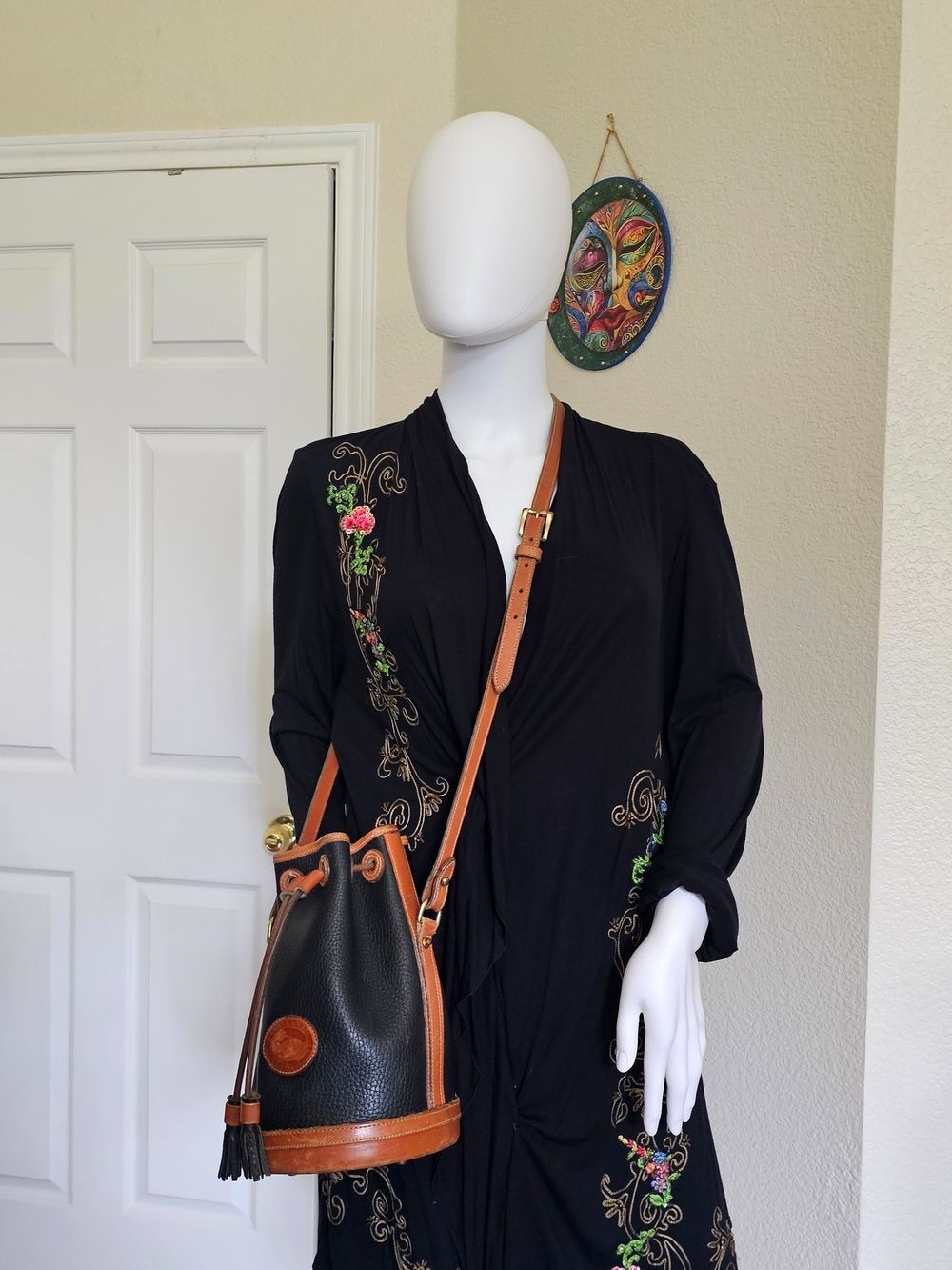 Vintage Dooney & Bourke Black Pebbled Leather Bucket Bag with Brown Trim